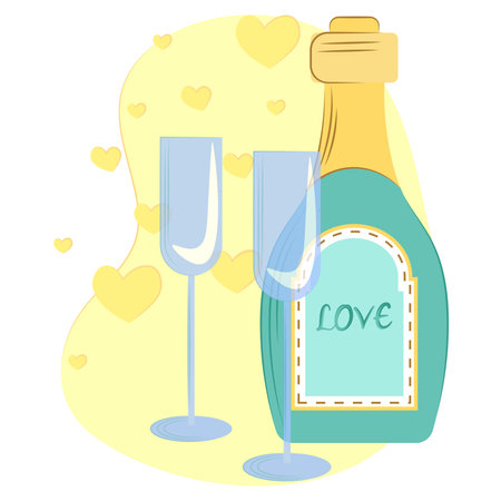 Vector illustration bottle of champagne and two glasses, on a yellow background with globes. vector composition for the holidays.のイラスト素材