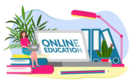 flat composition education web seminar, professional personal teacher service set. Online education on the Internet.のイラスト素材