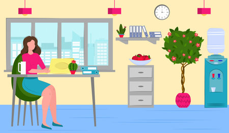 office work concept design. woman working on laptop in the office. Vector illustration. office room design.のイラスト素材