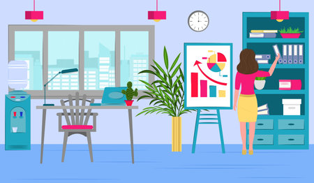 office work concept design. woman working in the office. business woman takes documents. Vector illustration. office room design.のイラスト素材