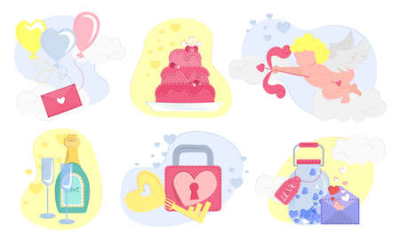 set of mini compositions for Valentin Day and other holidays. vector illustration. balloons with envelope, cupid, cake, champagne with glasses, lock with a key, jar with heartsのイラスト素材