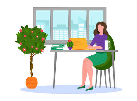 office work mini concept design. woman working on laptop in the office. Vector illustration. office room design.のイラスト素材