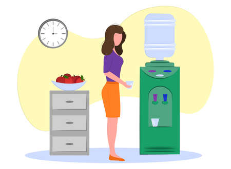 business woman drinks water from a cooler in the office. vector illustration. mini business concept.のイラスト素材