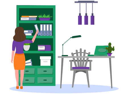 office work concept design. woman working in the office. business woman takes documents. Vector illustration. office room design.のイラスト素材
