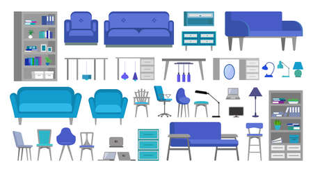 a set of office furniture and for home. flat design with office furniture, laptops, decorations and other elements. vector illustration isolated on white backgroundのイラスト素材