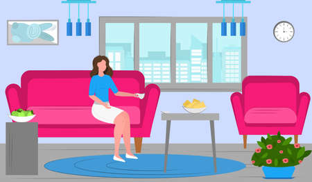 girl at home drinking tea on the couch. The woman is at home on the weekend. living room interior. vector illustration.のイラスト素材