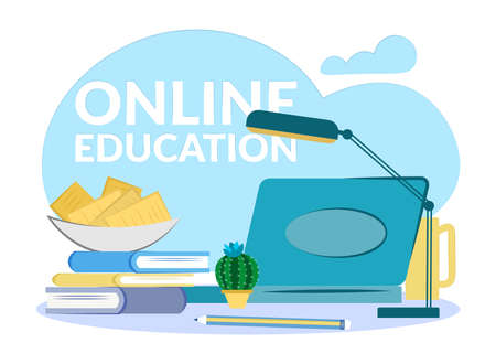flat composition education web seminar. Online education on the Internet.Open laptop, books, pencil, apples in a plate, lamp.のイラスト素材