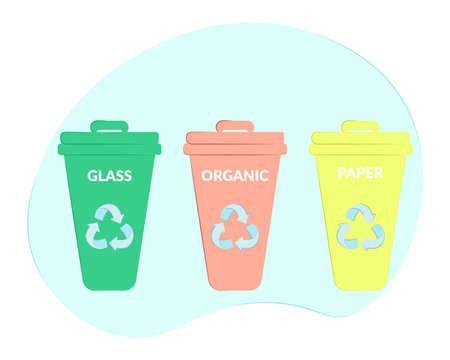 three garbage cans with a lid on a blue background. yellow with the inscription paper, green - glass, red - organic.のイラスト素材