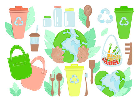 Set elements of zero waste life in vector. Eco style. No plastic. waste-free productionのイラスト素材
