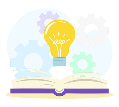 knowledge concept. open book with a light bulb. vector illustration in flat style. EPS 10, no transparencyのイラスト素材