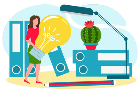 business woman has a creative idea. mini concept. girl holding a light bulb. business idea. drawing isolated on white backgroundのイラスト素材