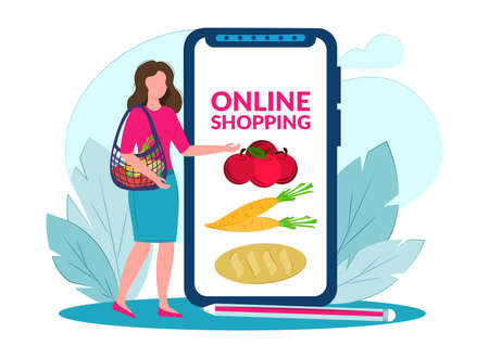 online shopping. woman orders food on the internet. mini concept. vector illustration isolated on white backgroundのイラスト素材