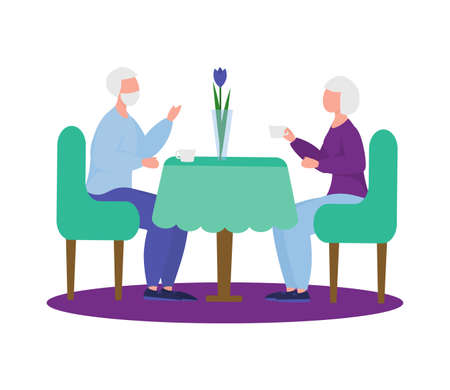 old man and old woman drink tea in coffee. grandparents love, happy seniorsのイラスト素材