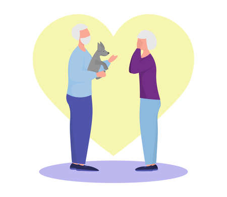 grandfather gives a dog to grandmother. old people. vector illustration in flat style. happy old people togetherのイラスト素材