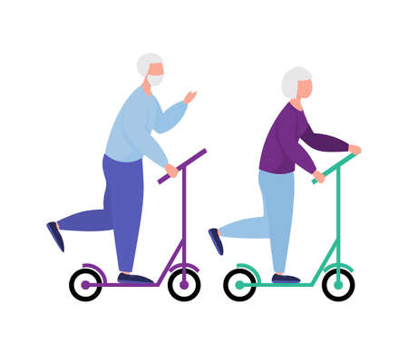 Seniors ride scooters together. ride elderly man and elderly woman. retirees lead a healthy lifestyle. Recreation of the elderly. Vector illustrationのイラスト素材