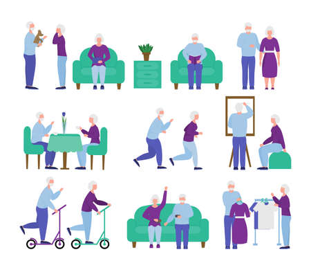 set of active retirees. elderly couples shopping, jogging and shopping. active pastime of the elderly. old people and their hobbies.のイラスト素材