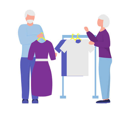 elderly people shopping. vector illustration. married couple buy clothes. active pensionersのイラスト素材