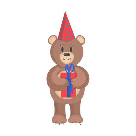 bear with a gift in its paws and a cap on its head. Flat style vector illustration isolated on white background.のイラスト素材
