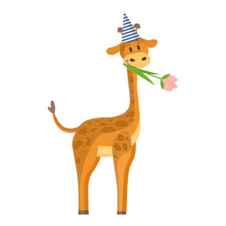 birthday of the giraffe. vector illustration in flat style. a giraffe with a cap on its head and a flower in its mouth. baby pictureのイラスト素材