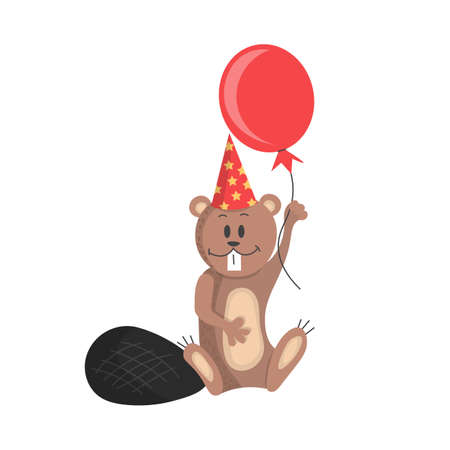cute beaver with a balloon and a cap on his head, animal birthday. Vector illustration. cartoon character for postcards for the new year, birthday, for banners, posters, holidays, children's booksのイラスト素材
