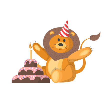 cute lion with cake and a hat birthday on his head, animal birthday. Vector illustration. cartoon character for postcard for the new year, birthday, for banner, poster, children book, holidayのイラスト素材