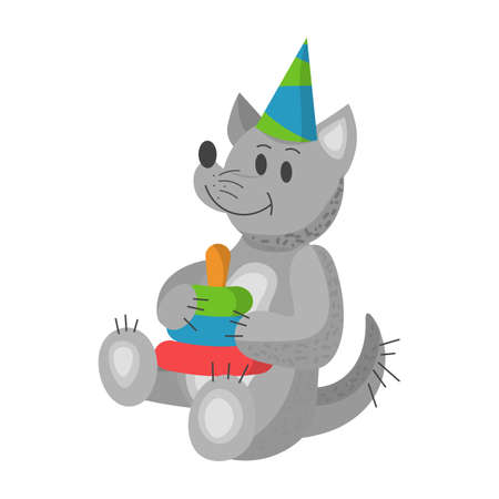 cute wolf with toy and a hat birthday on his head, animal birthday. Vector illustration. cartoon character for postcard for the new year, birthday, for banner, poster, children book, holidayのイラスト素材
