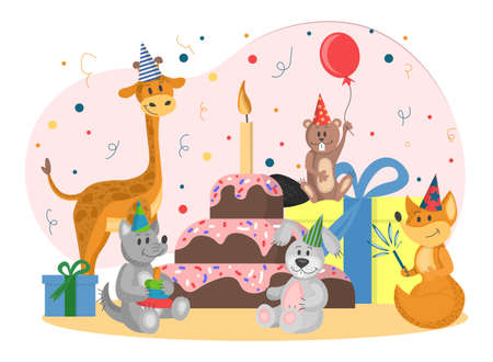 set of wild animals celebrate birthday. cute cartoon animals in flat style. vector illustration isolated on white background. party of animals in cone hats with gifts and cake.のイラスト素材