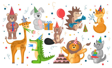 set of wild animals celebrate birthday. cute cartoon animals in flat style. vector illustration isolated on white background. party of animals in cone hats with gifts and cake.のイラスト素材
