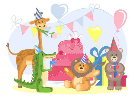 set of wild animals celebrate birthday. cute cartoon animals in flat style. vector illustration isolated on white background. party of animals in cone hats with gifts and cake.のイラスト素材