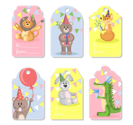 collection of gift tags with cute animals. vector illustration of greeting cards for holidays, birthday.のイラスト素材