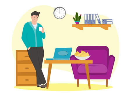 Man at home drinking coffee. A freelancer at home on the weekend. living room interior.のイラスト素材