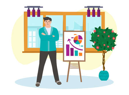 businessman showing schedule for work in the office. office design. vector illustration. mini business concept. drawing isolated on white backgroundのイラスト素材