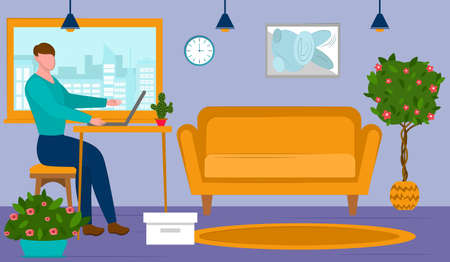 Man freelancer works at home using a computer. room interior. vector illustration. work at home design.のイラスト素材