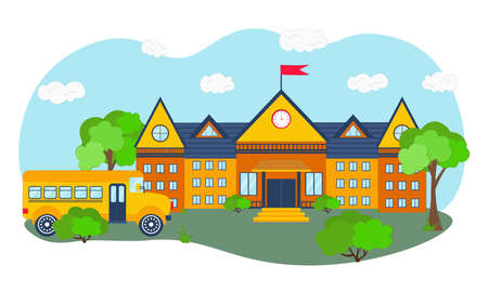 High school with bus, trees and bushes. Urban landscape with a house facade with windows and doors. Children education. Vector flat illustration. Back to schoolのイラスト素材