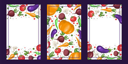 collection of vertical banners with vegetables. Healthy eating. vector illustration. Fresh vegetables design template. Vector illustration for vegetables market.のイラスト素材
