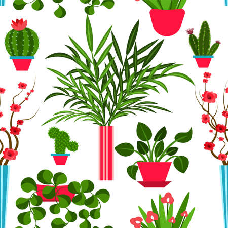 potted flowers seamless pattern. House plants interior design. Home decor with plants vector illustration.のイラスト素材