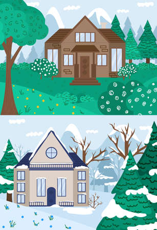 Vector flat illustration. Winter and summer forest landscape with house and trees. Snowy winter and summer. Family suburban home.のイラスト素材