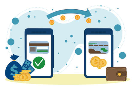 Sending and receiving money using a wireless connection on a mobile phone. Mobile payment transfer concept. vector flat illustrationのイラスト素材