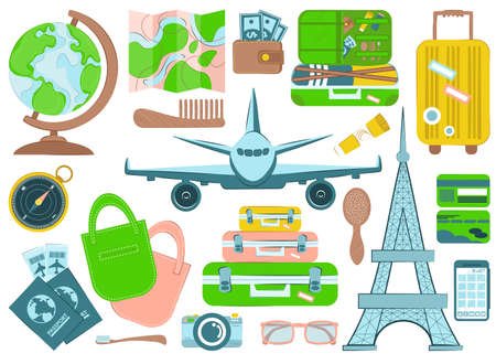 Flat colorful vector illustration. Collection of decorative design elements for travel, vacation, trips abroad, walks around the city isolated on white background.のイラスト素材
