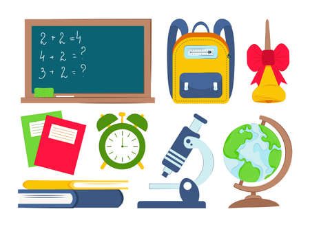 Illustration of school supplies on a white background. Back to school concept. School and education symbols, objects set.のイラスト素材