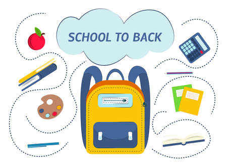 Illustration of school supplies on a white background. Back to school concept. School and education symbols, objects set.のイラスト素材