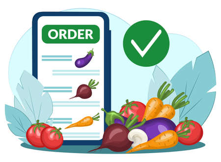 concept of ordering food by phone. Can be used for advertisements, infographics or mobile apps. online vegetarian food storeのイラスト素材
