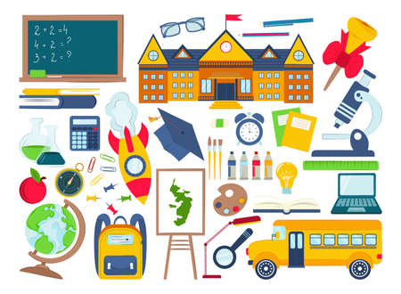 school supplies on a white background. vector illustration. Back to school concept. objects for high school student. Infographic elements for web, presentation.のイラスト素材