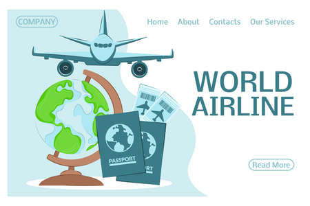 landing page world airline. Tourist, business flights around the world. Travel agency template for website.のイラスト素材