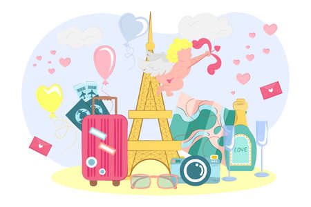 Paris concept for lovers. vector illustration travel. collection of tourism, travel abroad, summer vacation trip.のイラスト素材