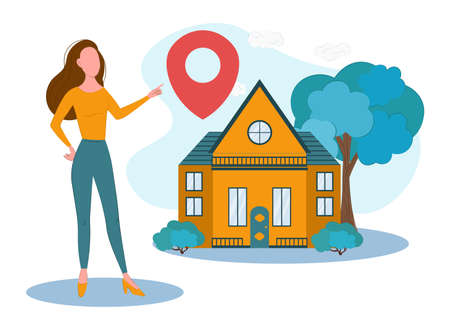 A real estate agent offers a home for purchase or rent. Web design, marketing and print materials. Concept for the sale, purchase, rent, capital investment of real estate.のイラスト素材