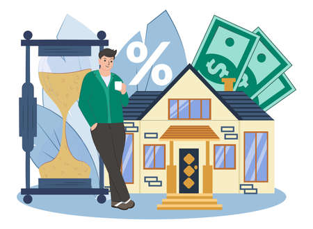 Mortgage vector flat illustration. Buying real estate on credit at interest from a bank. Property money investment contract.のイラスト素材