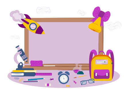 Illustration of school supplies on a white background. Chalkboard with books, glasses, briefcase, microscope and other items. Back to school concept.のイラスト素材