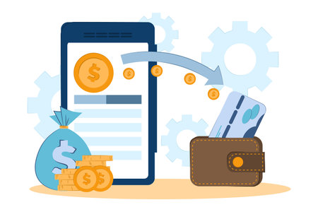 concept of internet wallet, online money, mobile payments. Vector flat illustration. A phone with a wallet, a bakovskaya card and money on the screen.のイラスト素材