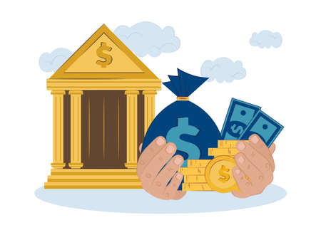 concept bank gives money on credit. vector flat illustration of financing, lending, distribution of money, financial services. Hands hold money and bank building.のイラスト素材